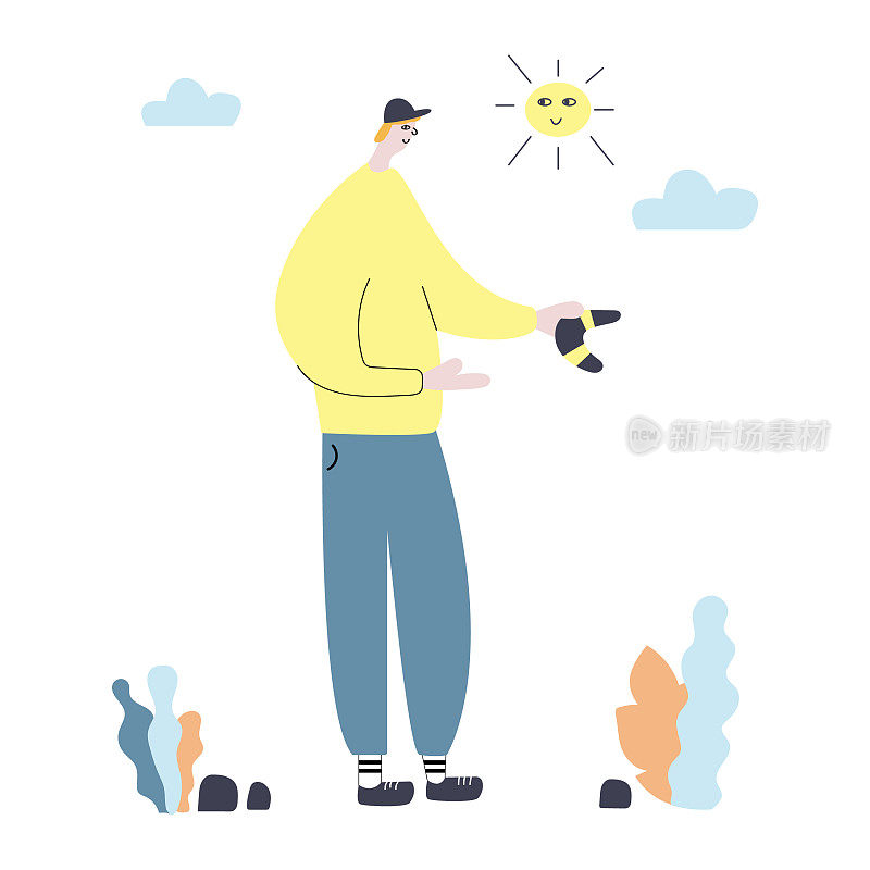 Tall man or teenager holding a boomerang, walking in the Park, relaxing. Flat vector illustration.